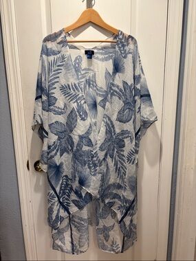 RACHEL Rachel Roy Blue Leaf-Print Kimono Beach Swim Vacation Resort Coverup OS